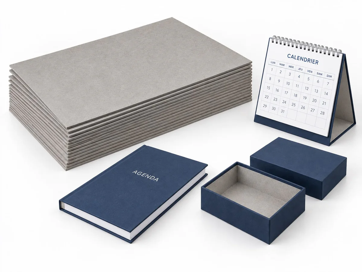 Pile de feuilles de carton gris lourd, avec un agenda, un calendrier et une boîte rigide
