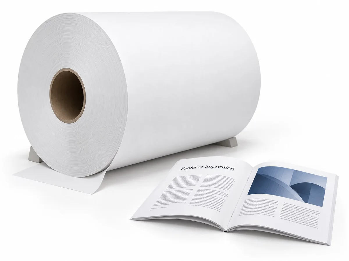 Bobine de papier offset blanc et livre imprimé ouvert