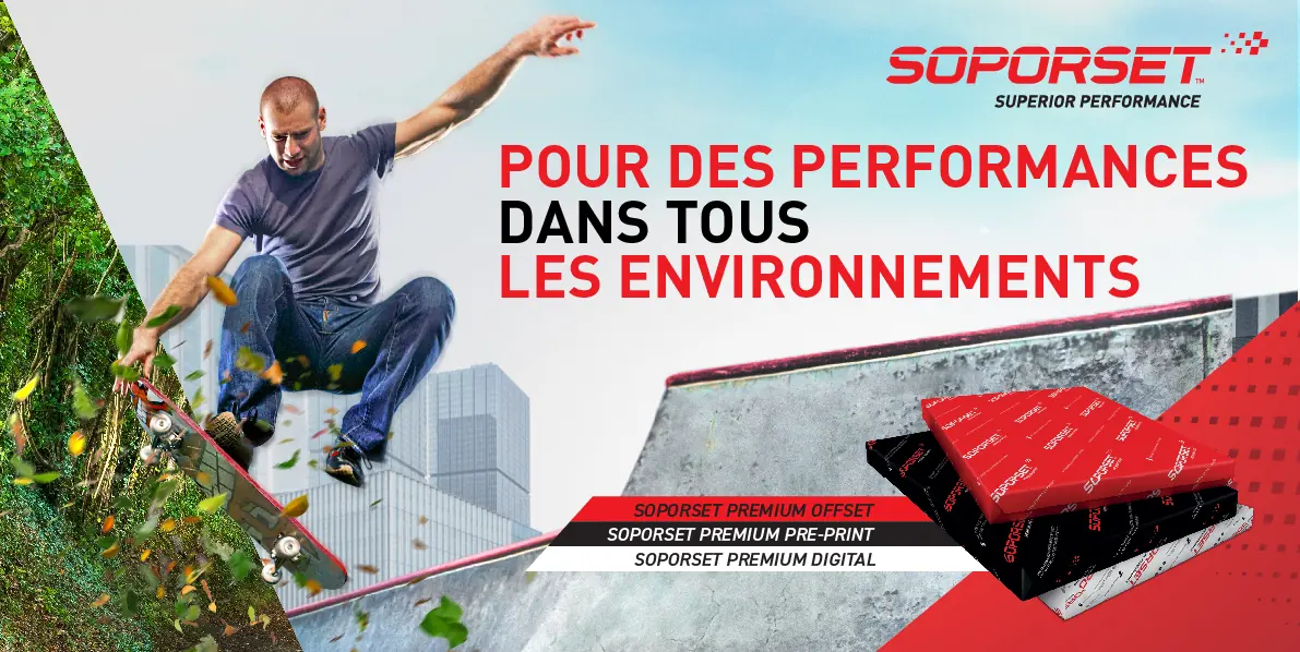Bannière SOPORSET : « Pour des performances dans tous les environnements », gamme Premium Offset, Pre-Print et Digital